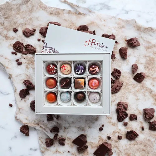 Assorted chocolate bonbons in a 12-piece premium box