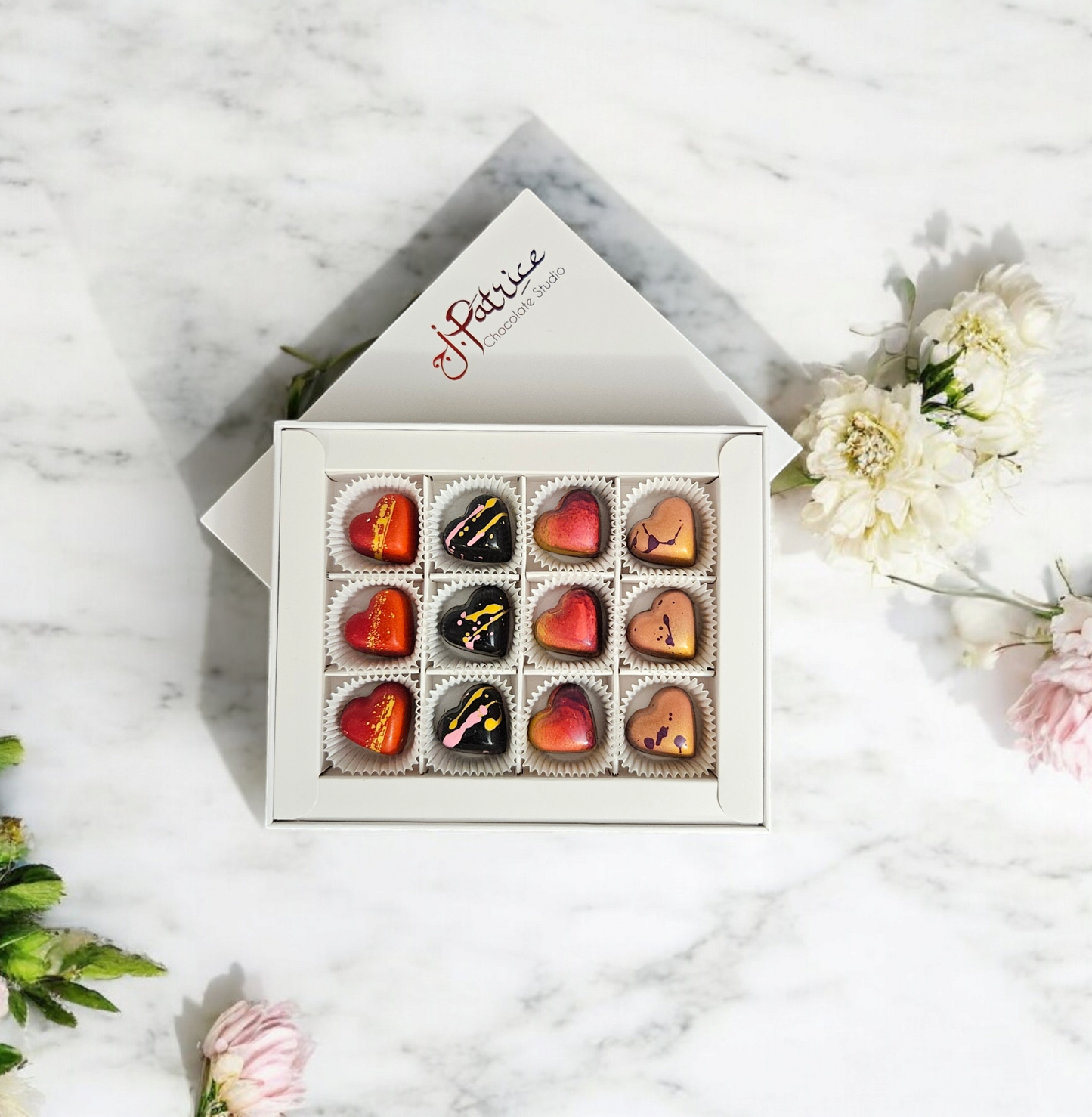 Romantic 12-piece chocolate box with heart theme