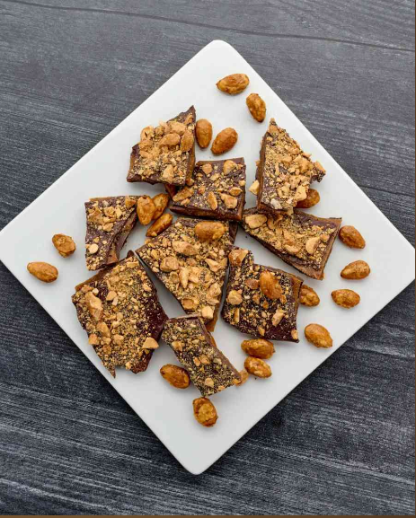 Dark Chocolate Almond Toffee Bark featuring crunchy toffee and almonds coated in rich dark chocolate.