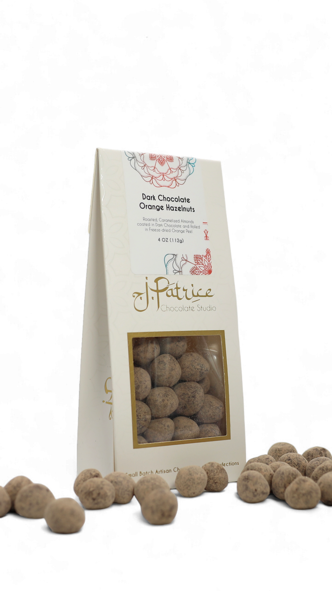 Pack of Dark Chocolate Orange Hazelnuts featuring crunchy hazelnuts coated in rich dark chocolate with a zesty orange flavor.