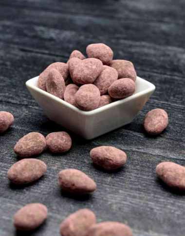 Dark Chocolate Raspberry Almonds showcasing rich chocolate and crunchy almonds.