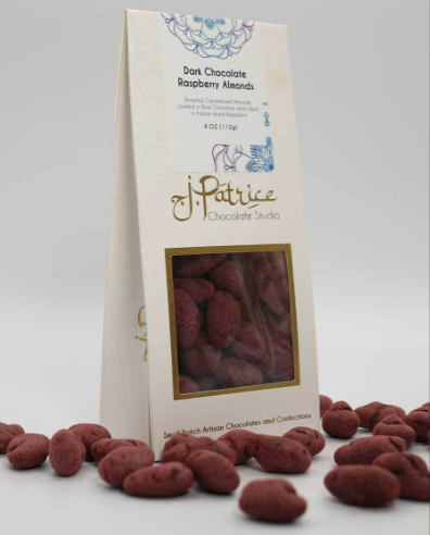 Decadent Dark Chocolate Raspberry Almonds with vibrant raspberries and smooth chocolate coating.